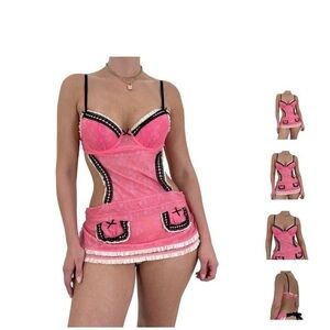 Vintage Victoria's Secret bustier 
Black + Pink Apron Slip Dress 34C